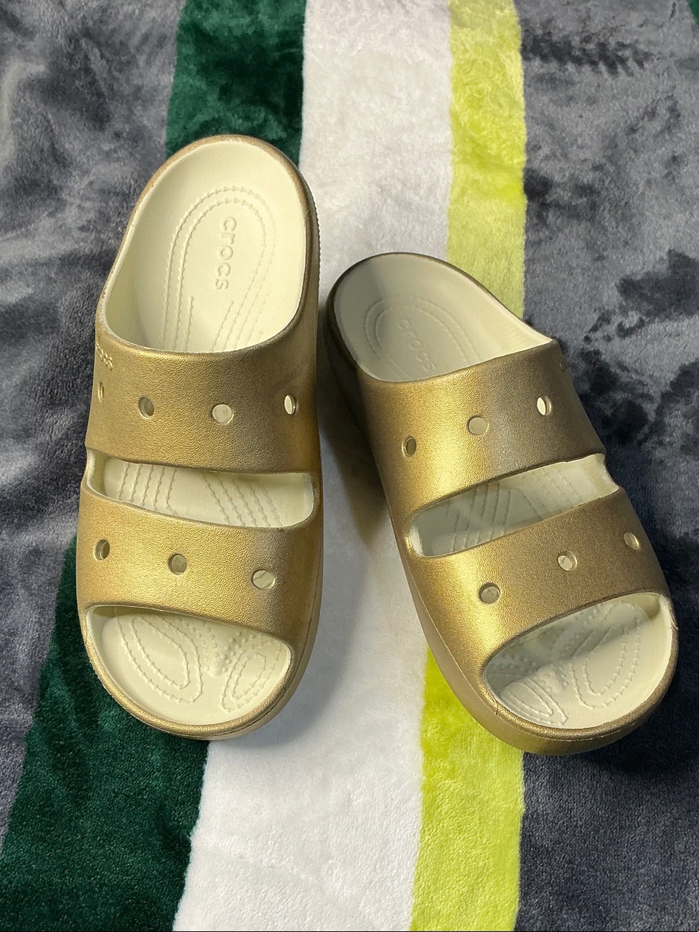CROCS Women’s Metallic Gold Double-Strap Slide Sandals 2.0 Size 8